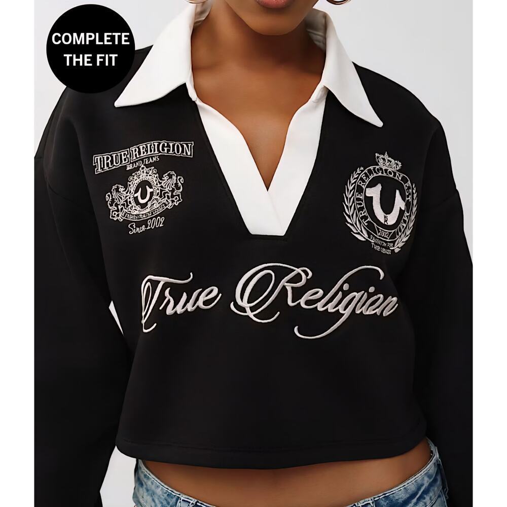 True Religion Embroidered Shrunken Polo Pullover, Black, Retail 134 USD - Picture 2 of 13